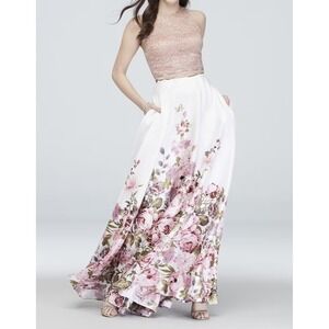 Davids Bridal City Triangles Womens White Floral Print Cascade Maxi Skirt Size 9